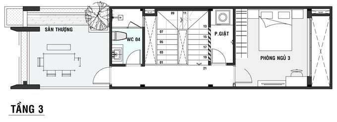 bản vẽ mẫu nhà ống 3 tầng với 3 phòng ngủ 